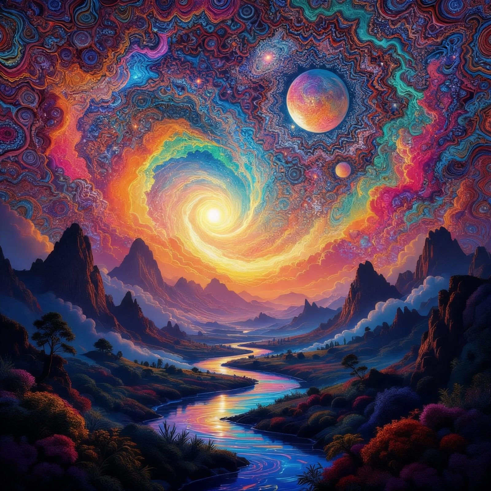 Vibrant Astral Landscape with Swirling Nebulae