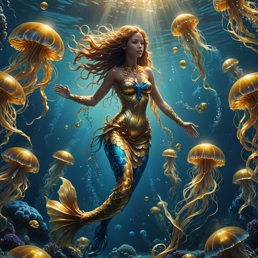 Golden Mermaid in Ocean with Jellyfish