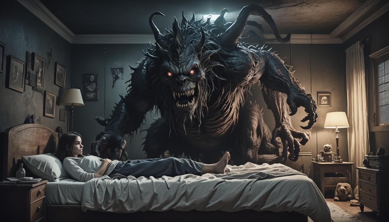 Girl and Monster Under Bed in Dark Room