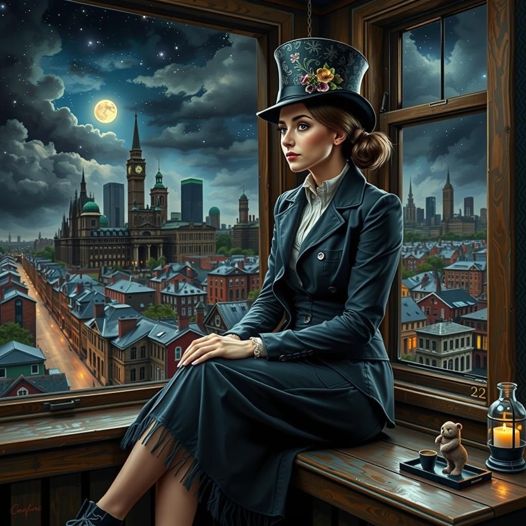 Woman in Top Hat Waits by Window