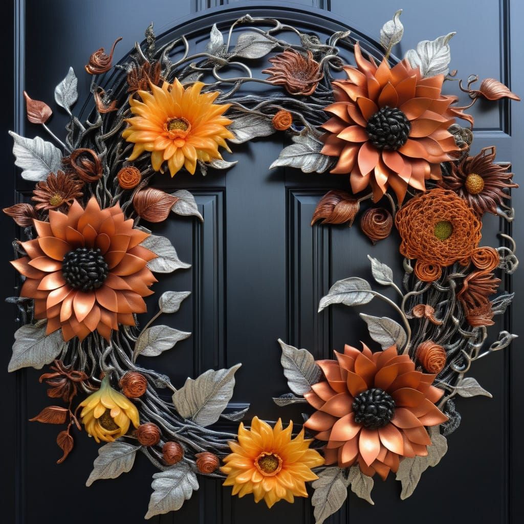 Surrealist Copper and Silver Wreath Adorned with Vibrant Blo...