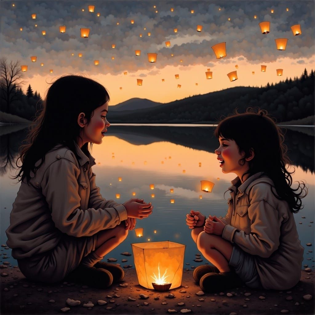 Friends Lighting Lanterns at Dusk, Lakeside Scene