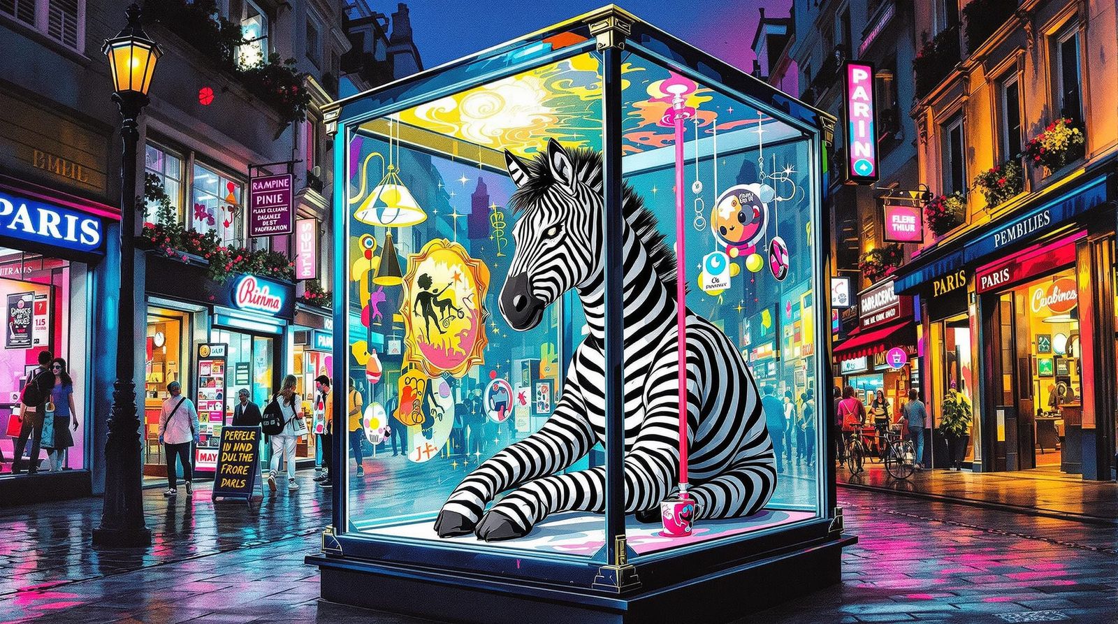 Surreal Mime Zebra Trapped in Glass Box on Paris Street