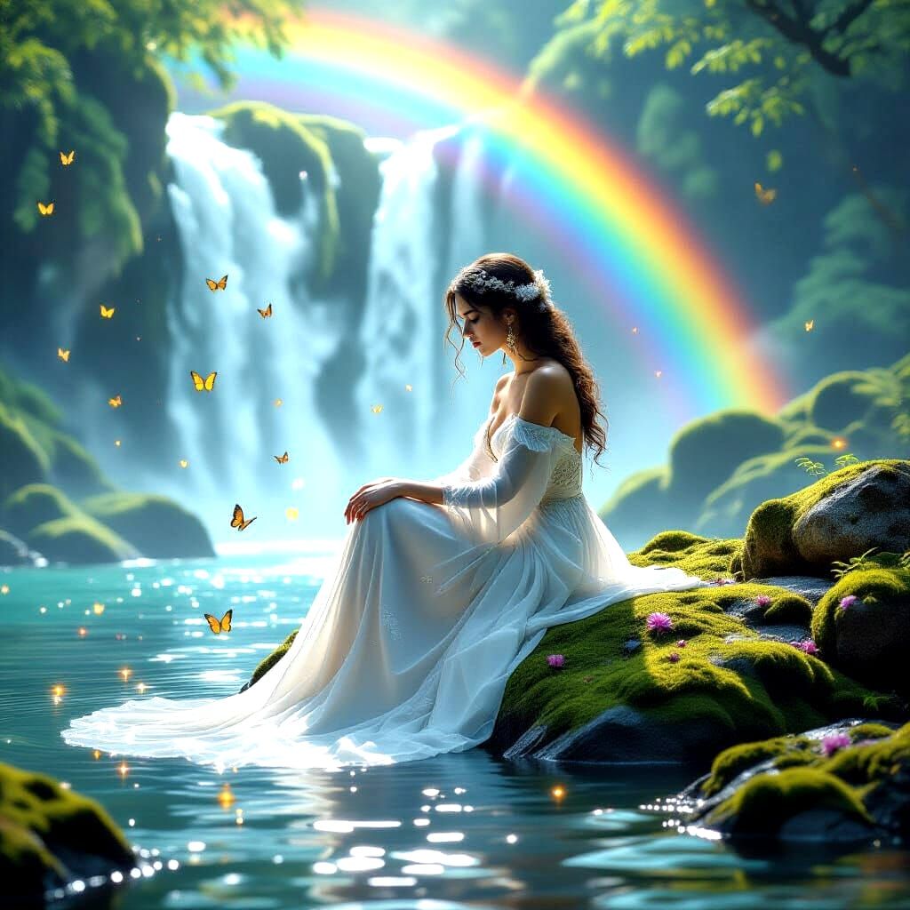 Dreamy Portrait of Woman by Waterfall with Rainbow Mist