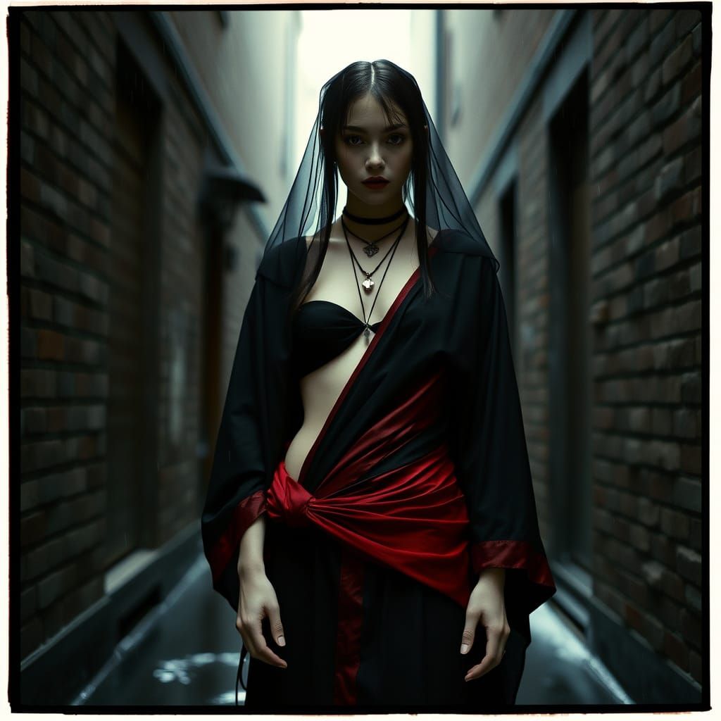 Goth Girl in Rain-Slicked Alley: Cinematic Film Still