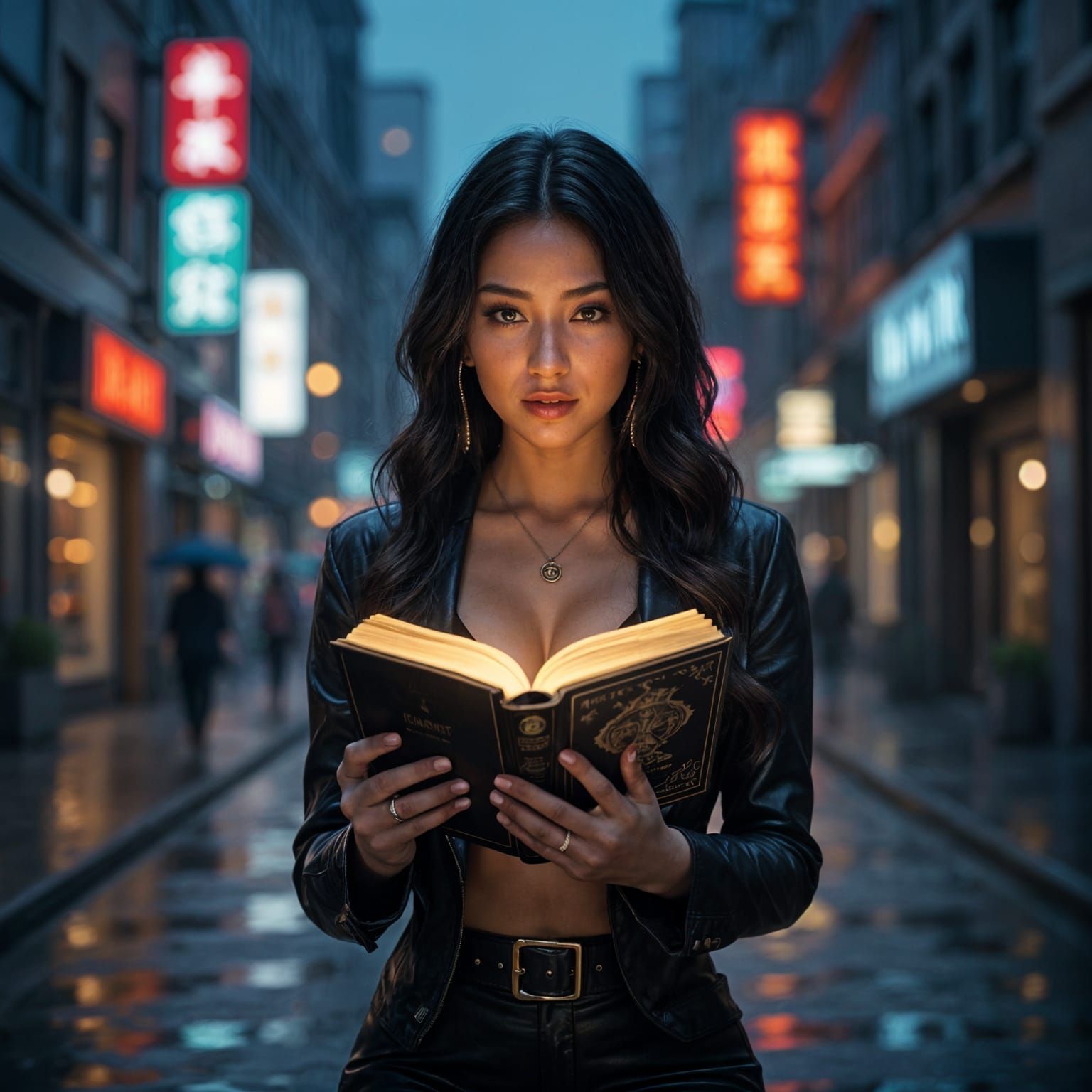 Modern Witch Kiko Reading Grimoire on Neon Street
