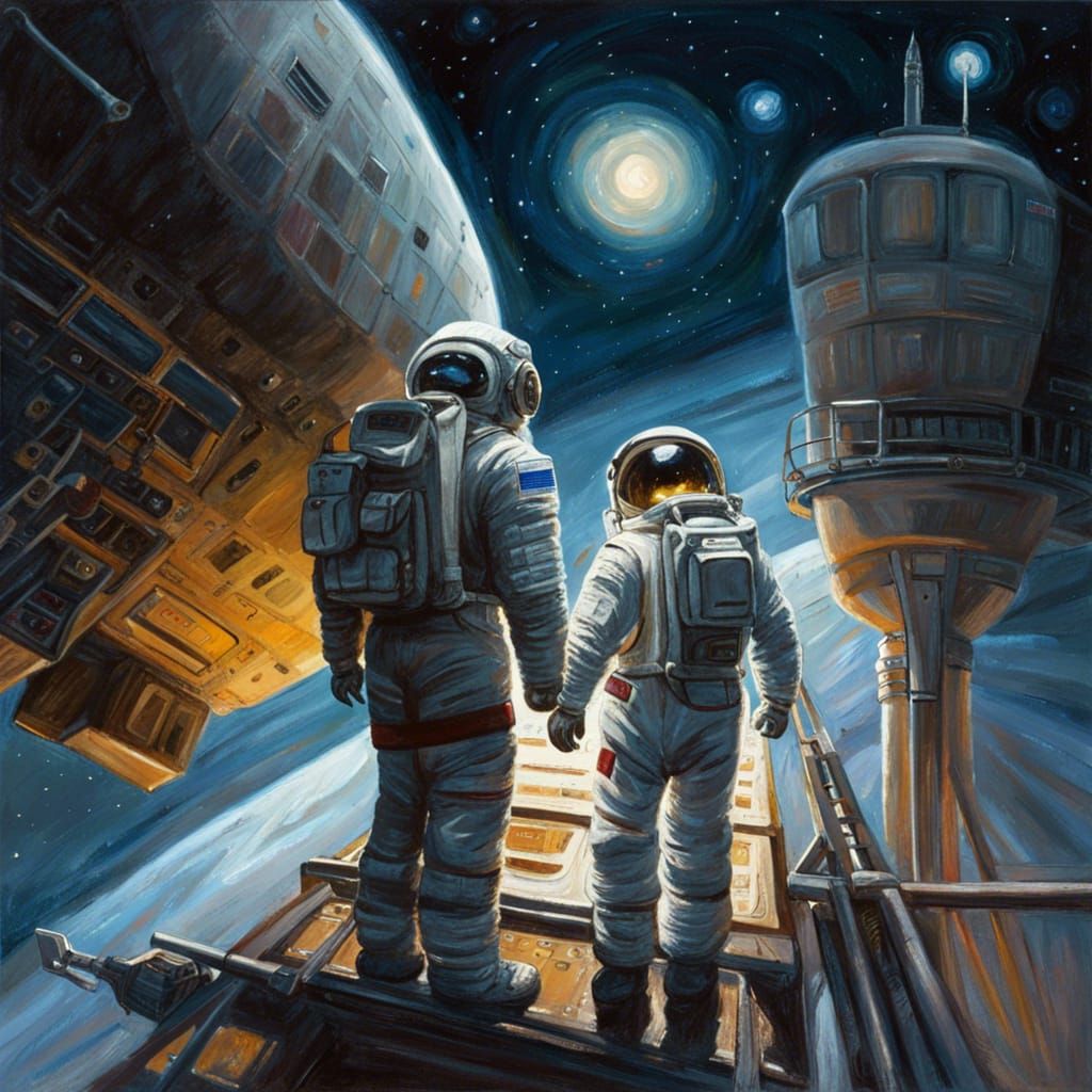 Astronaut Steps onto Spaceship at Night, Oil Painting