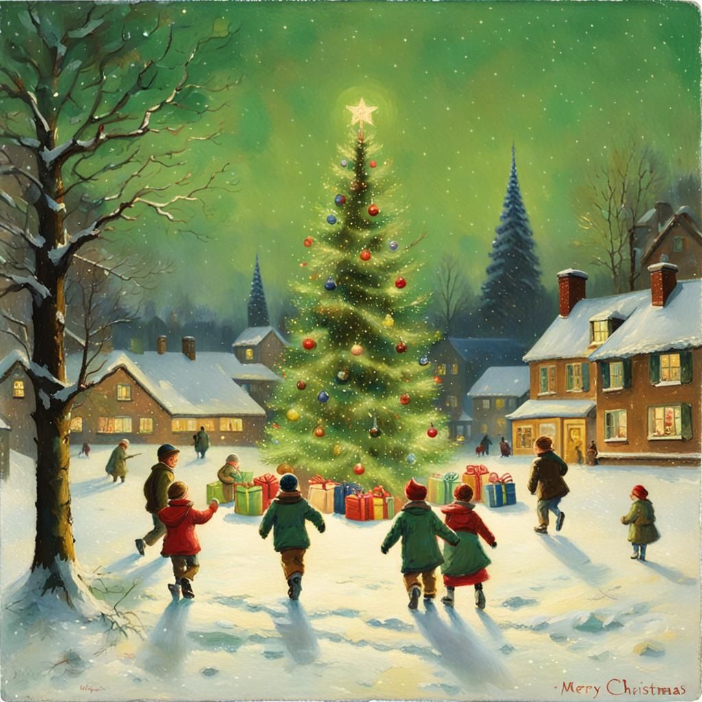 Nostalgic Christmas Tree Scene in Oil Painting Style