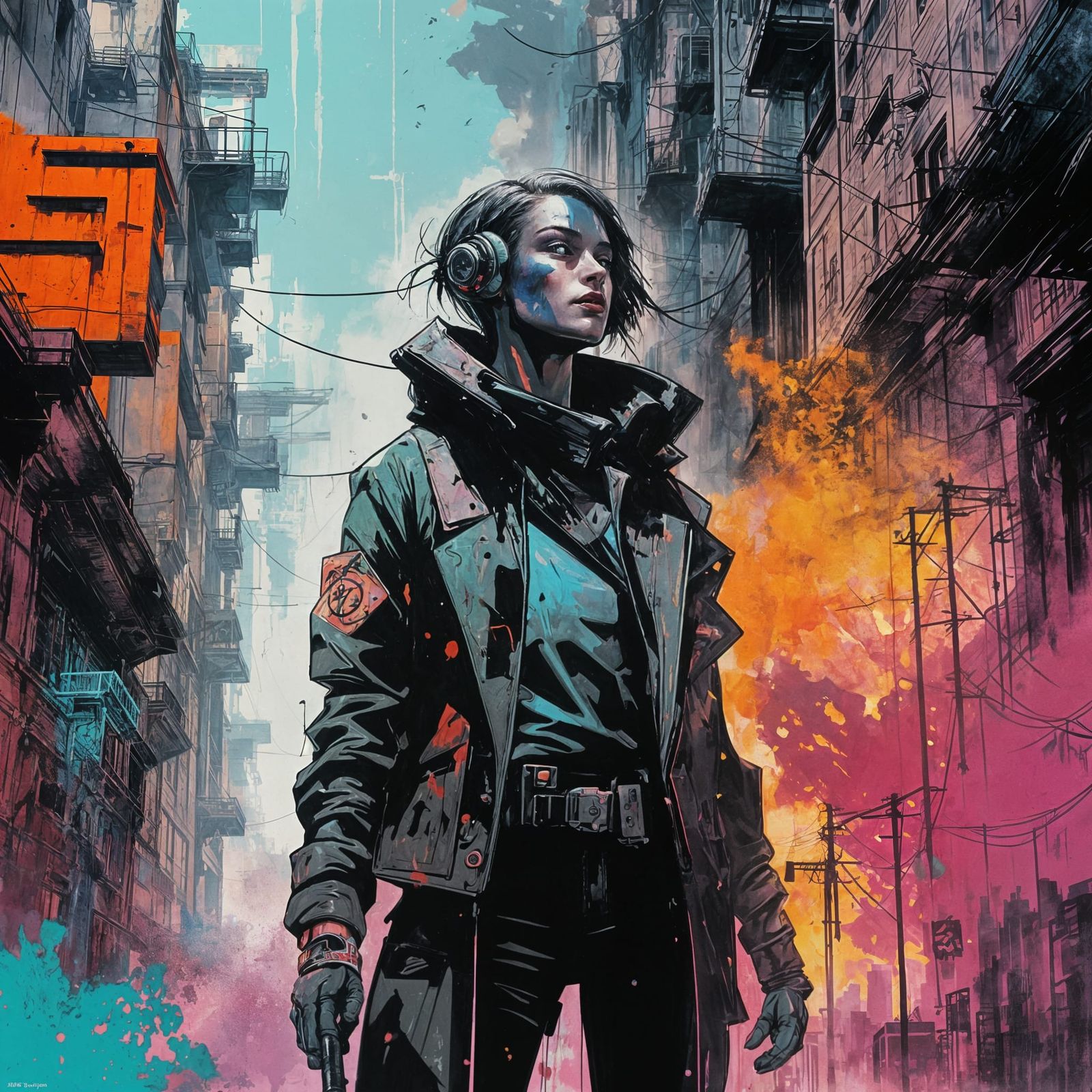 Sci-Fi Noir Scene in Graffiti Art Style