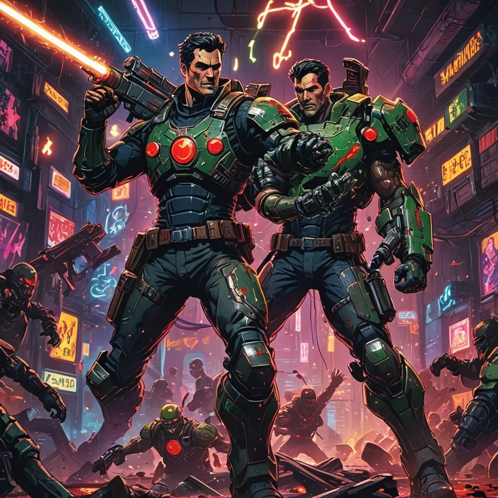 Ash Williams as Doomguy in Cyberpunk Style