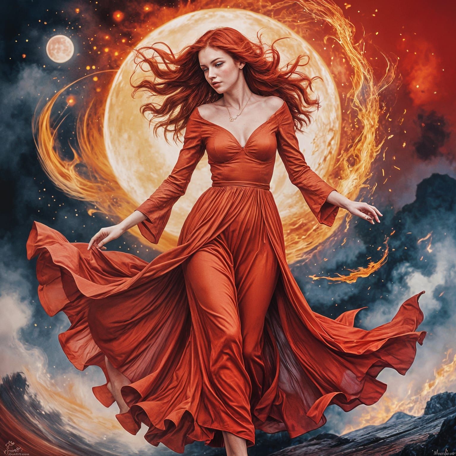 Fiery Redheaded Dancer Under Crimson Moonlight