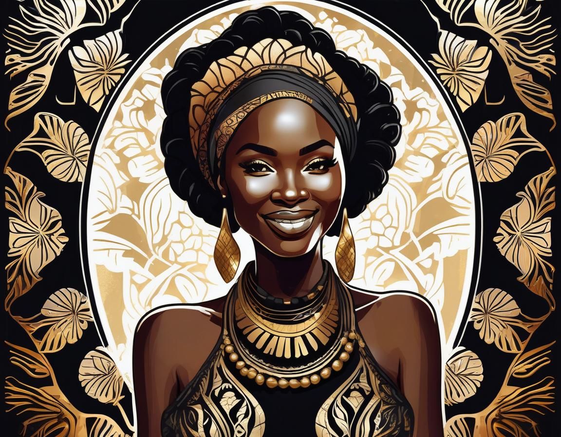 African Woman Portrait with Hibiscus in Batik Style