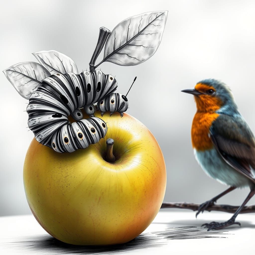 Caterpillar on Apple with Robin, Detailed Matte Painting