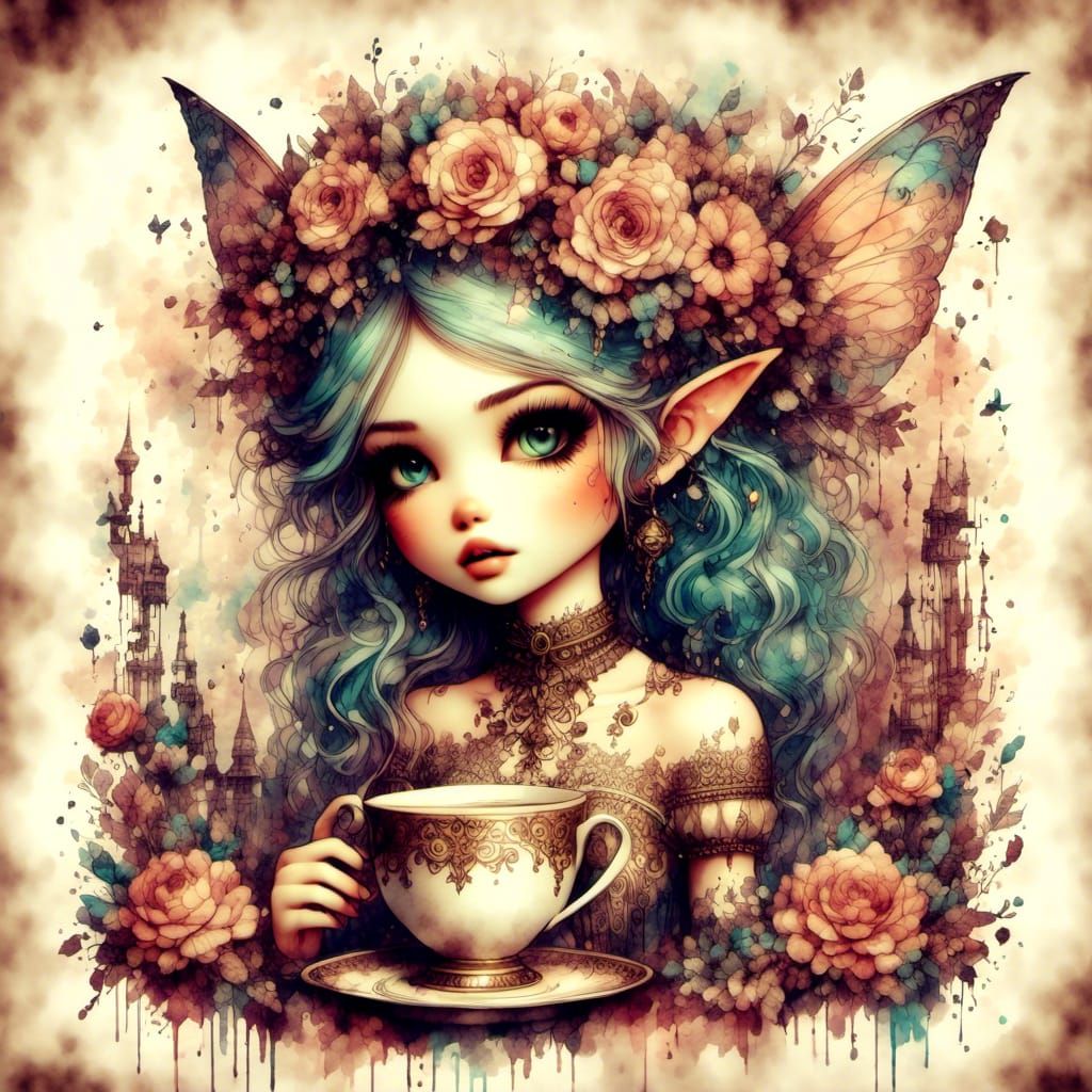 Chibi Fairy with Cappuccino in Watercolor Style