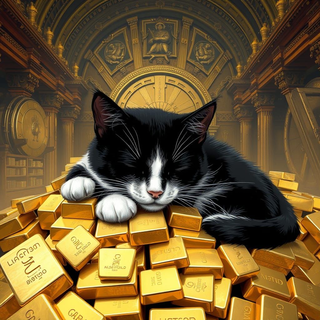 Cat Nap on Gold Bars in Victorian Vault