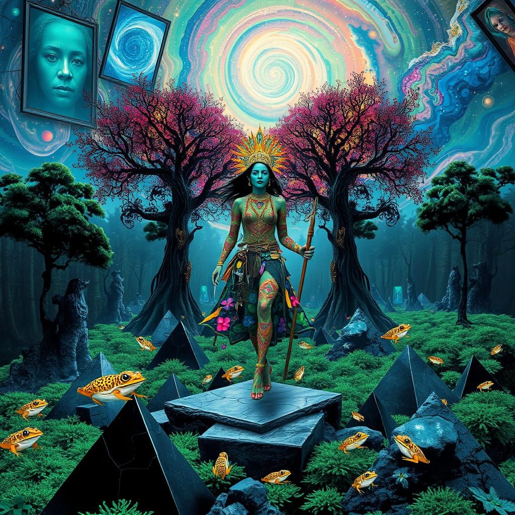 Mystical Woman Walking on Pyramids in Collage Style