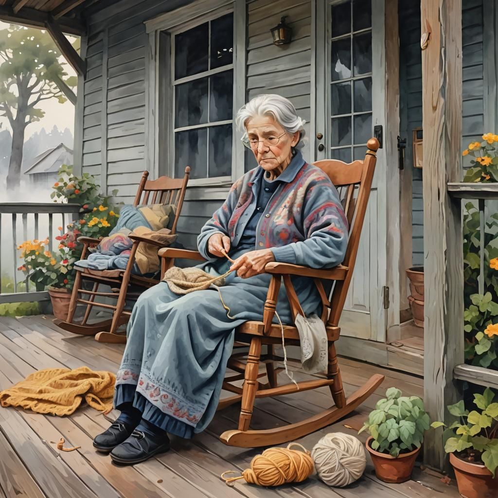 Grandmother Knitting on Porch in Gouache Style