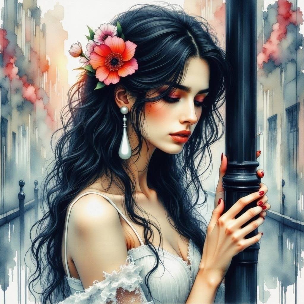 Melancholy Woman with Pearl Earrings, Watercolor Tears