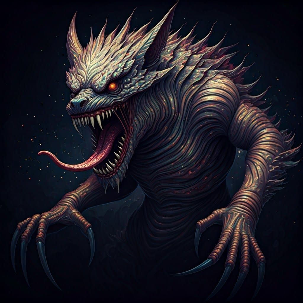 Ethereal Cosmic Horror Beast in Shimmering Metallic Colors