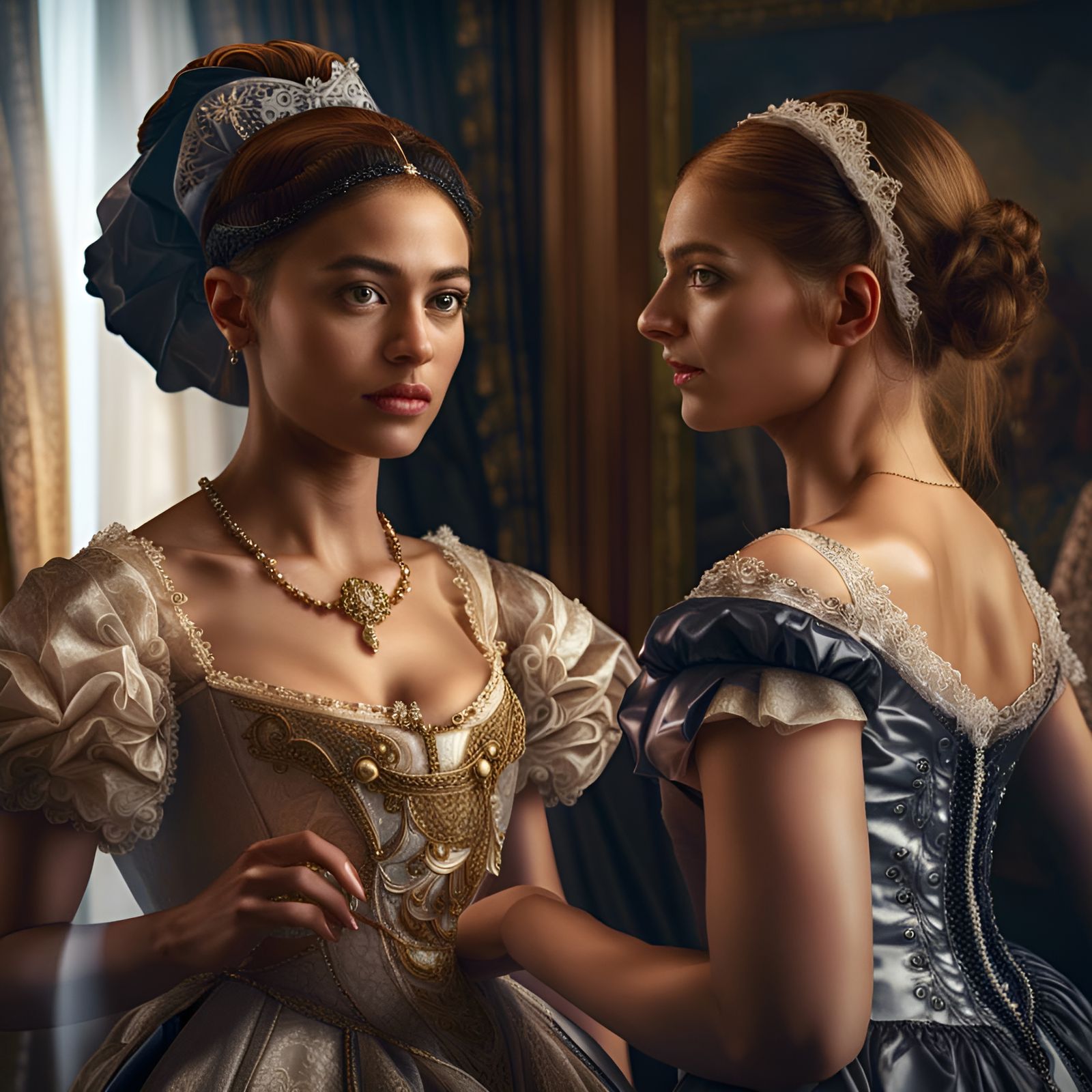 Renaissance Woman Portrait with Stepsister in Magical Realis...