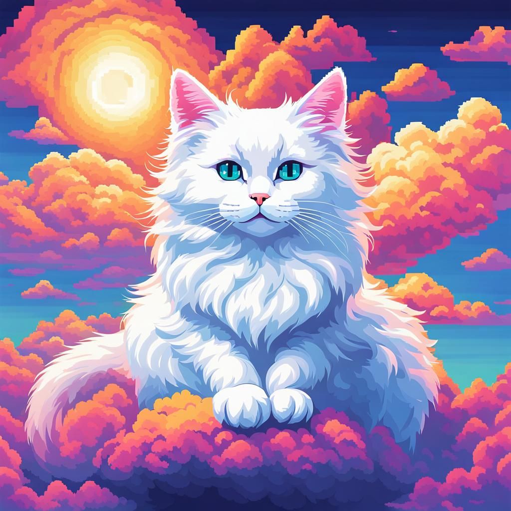 Ethereal White Cat on Cloud in Pixel Art