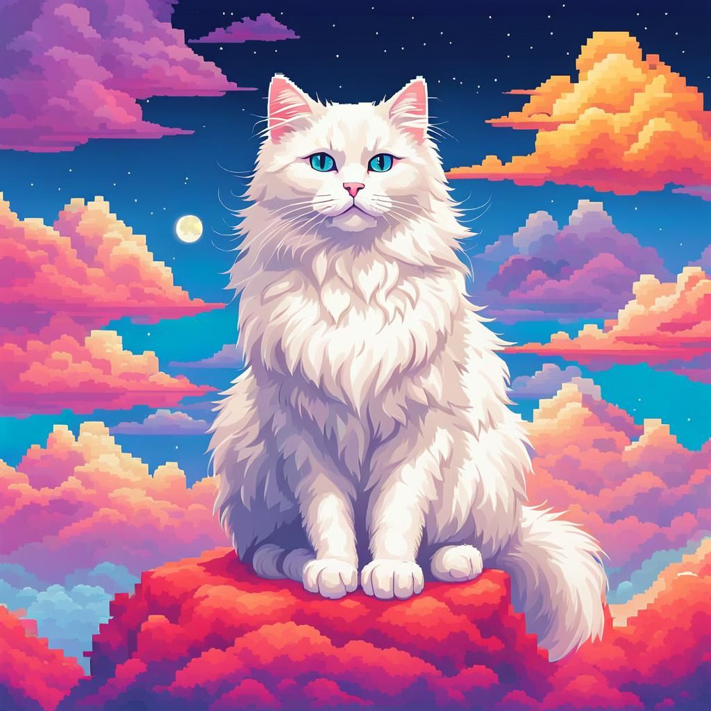 Ethereal White Cat on Cloud in Pixel Art