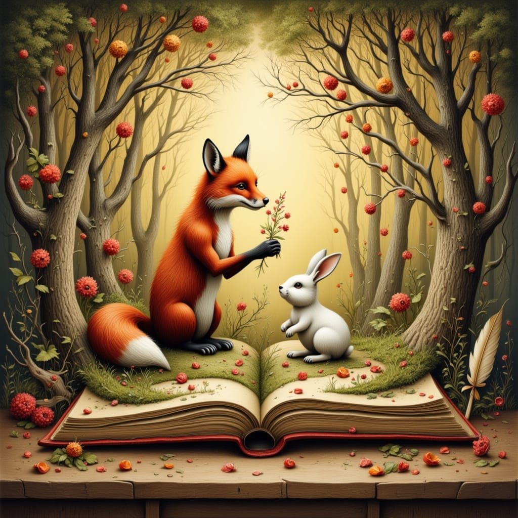 Fox Offers Flower to Rabbit in Storybook Diorama