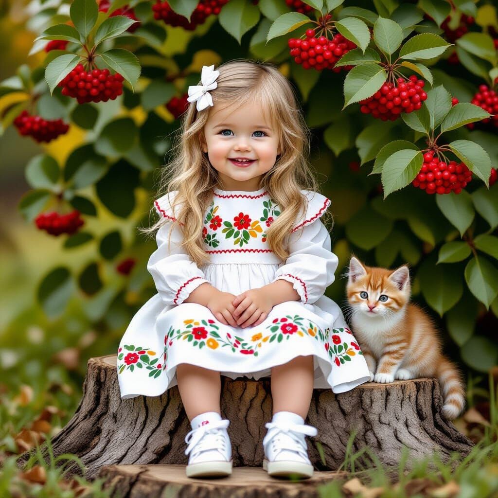 Cute Baby Girl in Khokhloma Dress with Kitten on Wood Board
