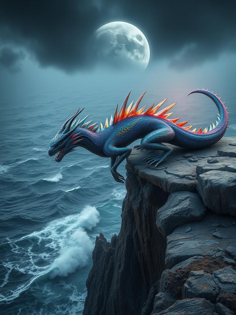 Resplendent Lunar Beast on Windswept Cliff in 4K