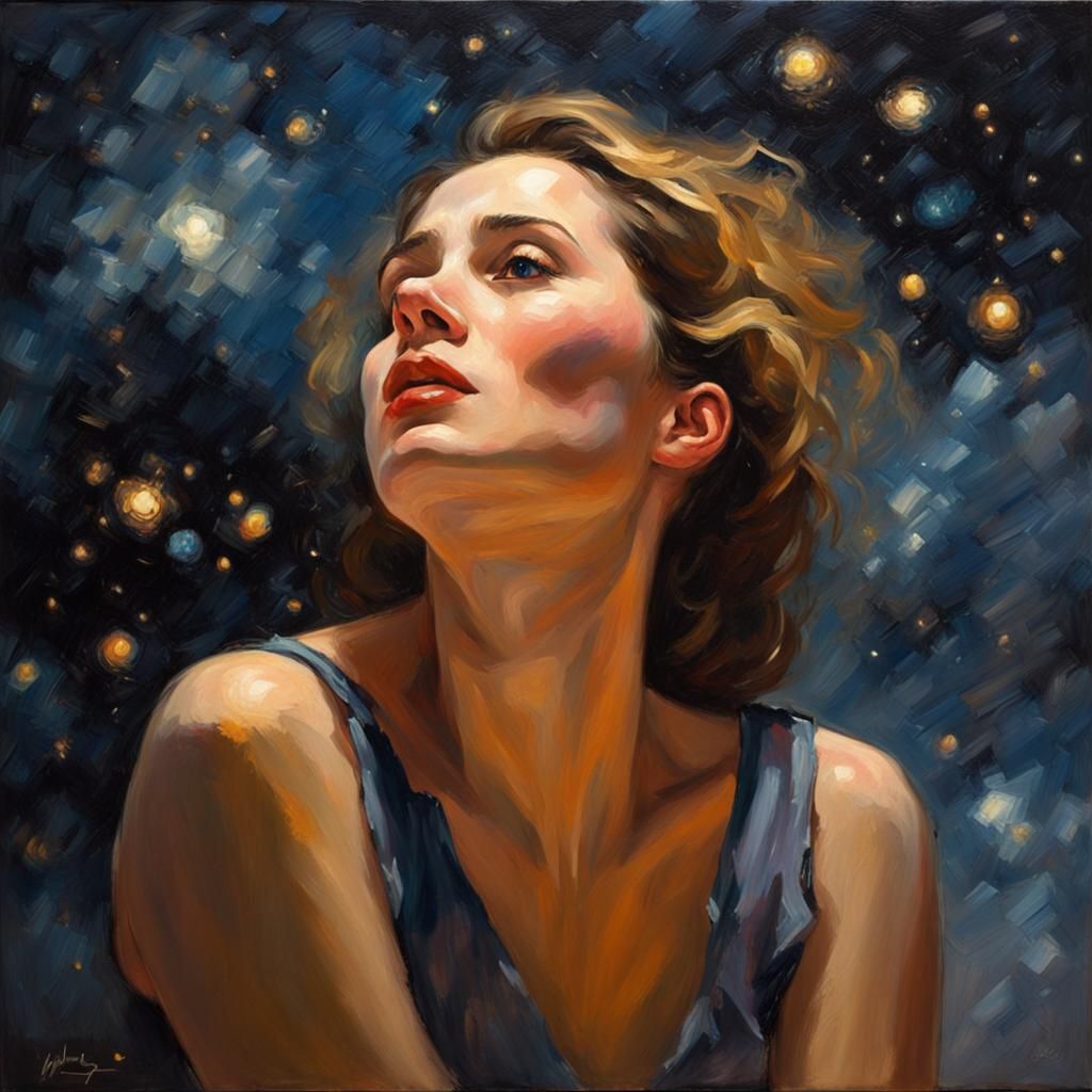 Woman Gazing at Starry Sky in Impasto Oil Painting