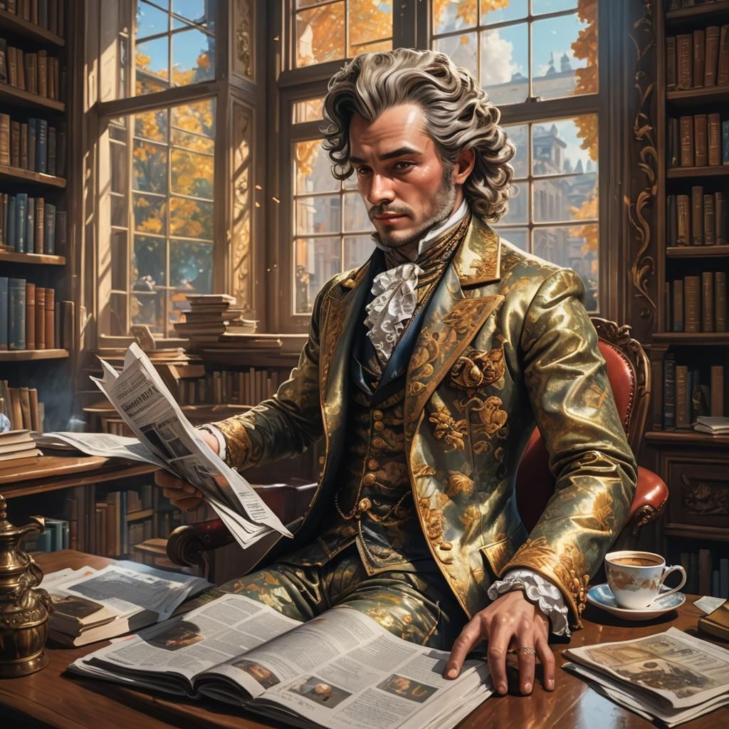 Rococo Man Reading in Library: Hyperrealistic Image