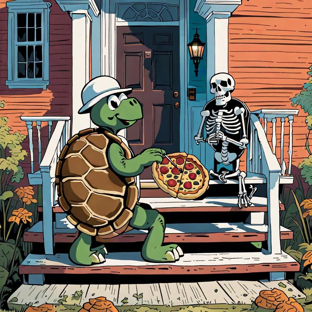 Cartoon Turtle Delivers Pizza to Skeleton on Porch