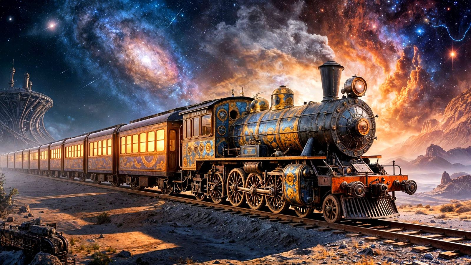 Steampunk Train on Cosmic Journey with Mosaic Details