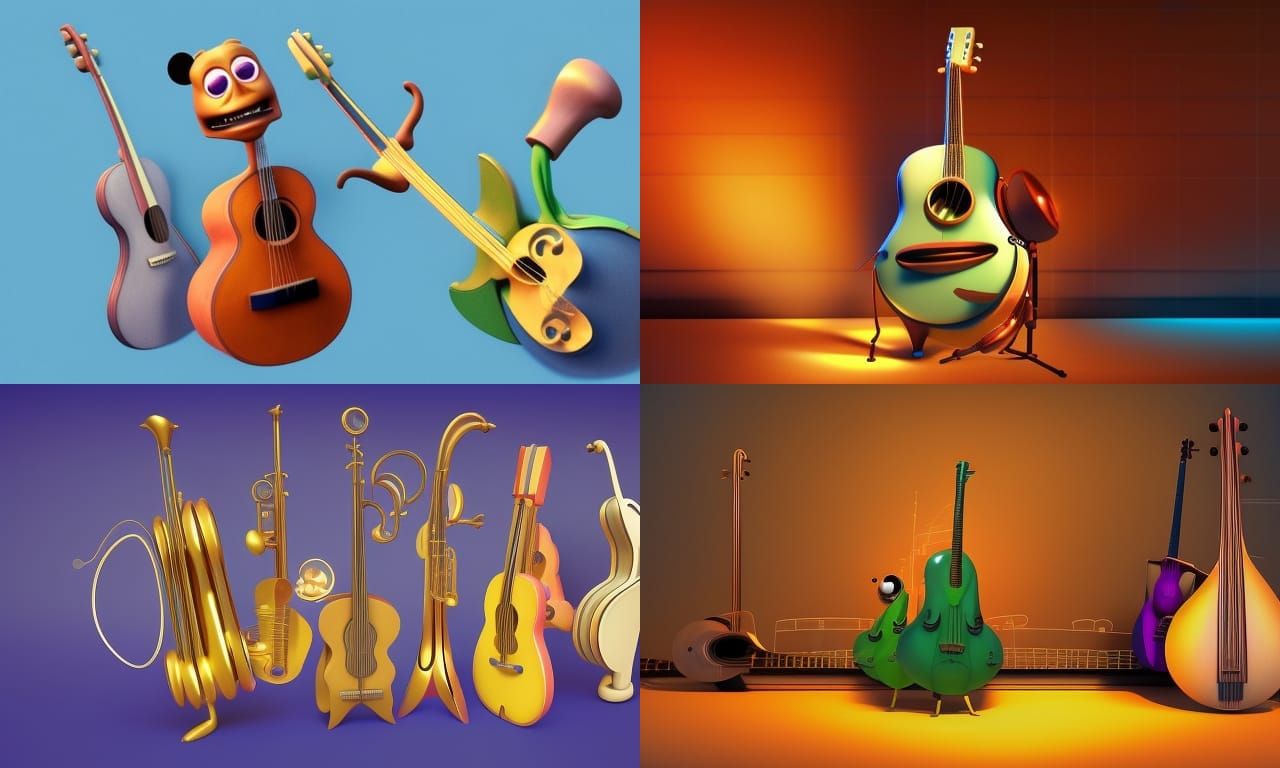Pixar-Style Anthropomorphic Musical Instruments in 3D