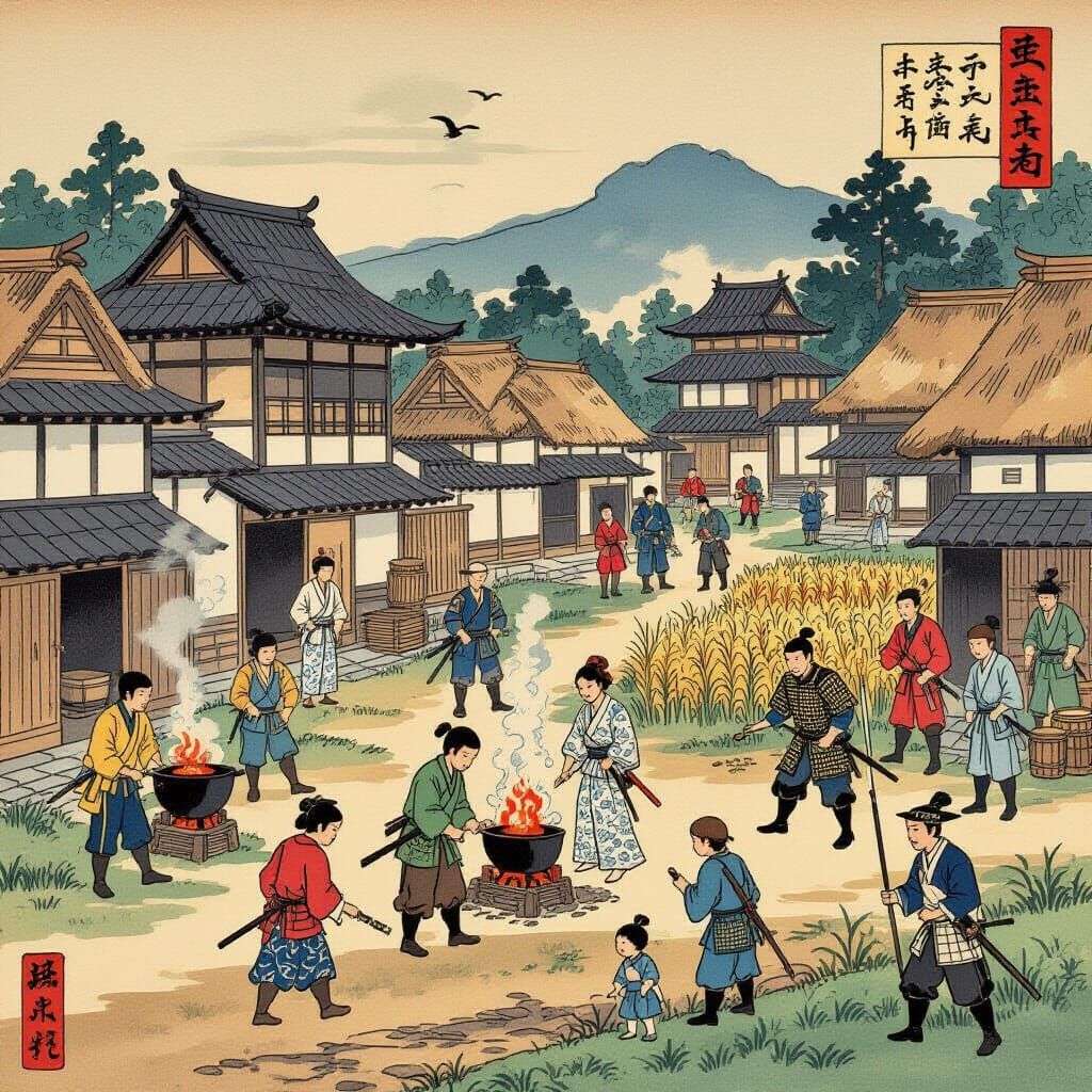 Medieval Village Life in Ukiyo-e Style