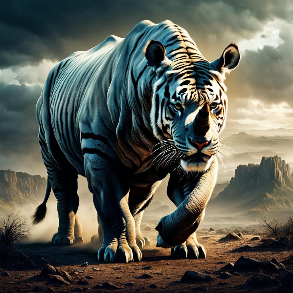 Rhino-Tiger Hybrid Creature in a Horrific Landscape