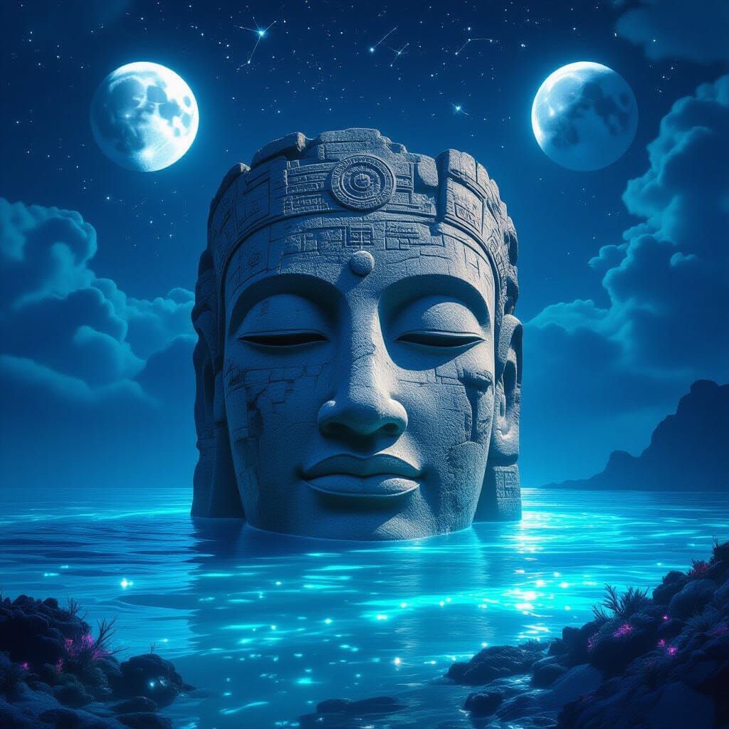 Colossal Stone Head in Bioluminescent Ocean Under Twin Moons