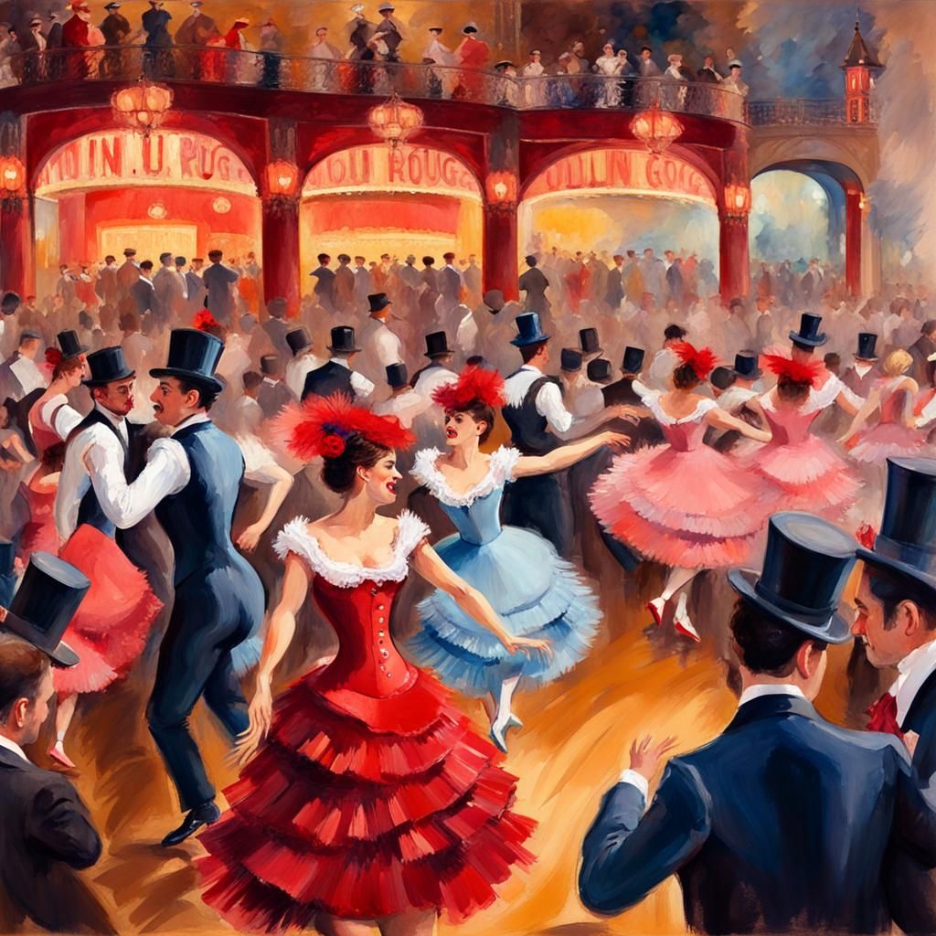 Moulin Rouge Dancers in Gouache Watercolor Style