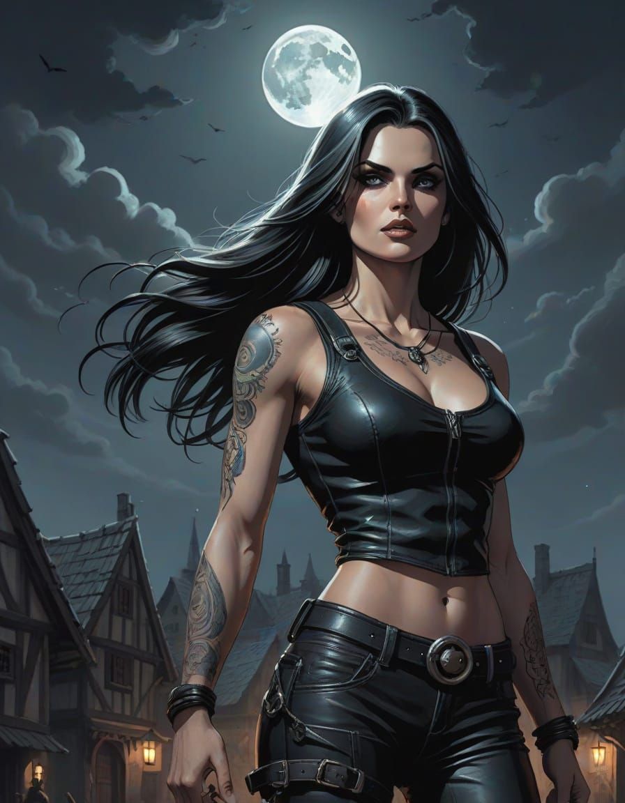 Grim Dark Fantasy Woman in Medieval Village