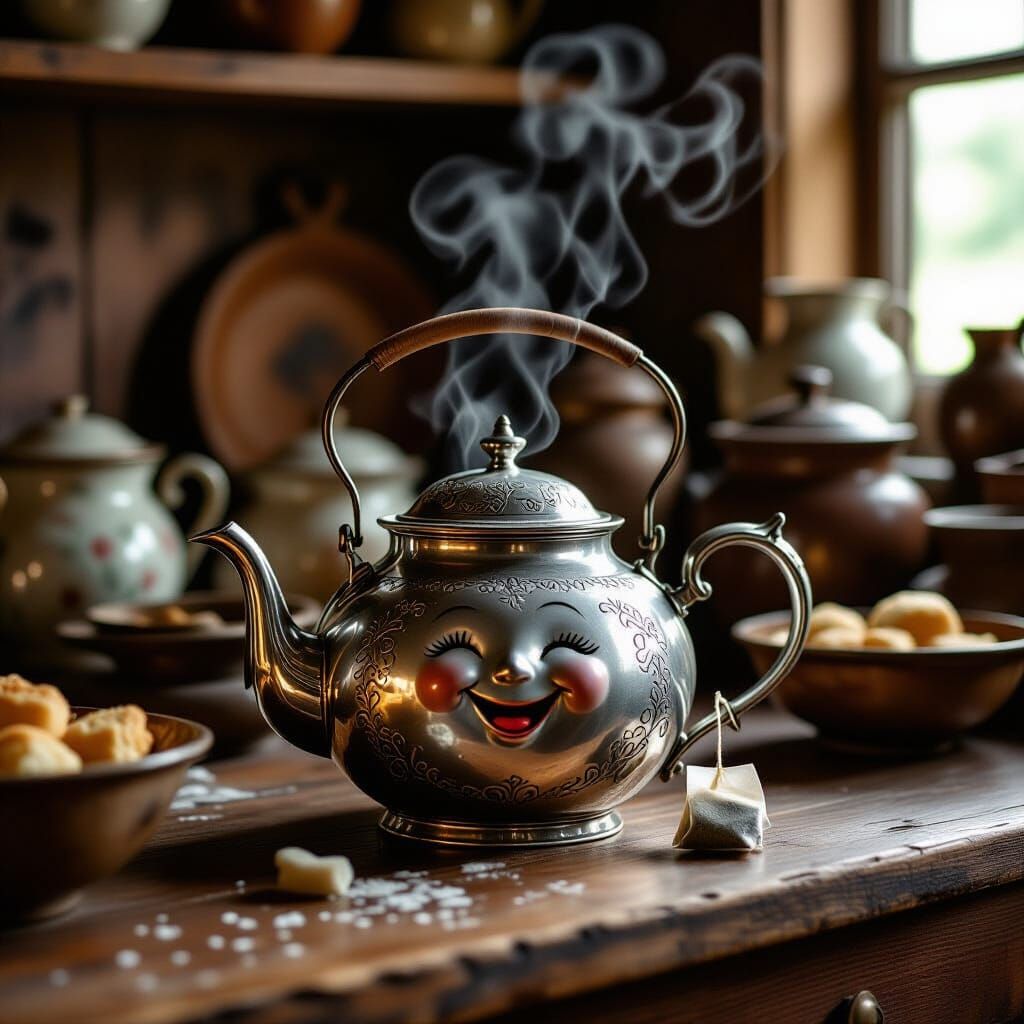 Smiling Antique Teapot in Whimsical Cottage Illustration