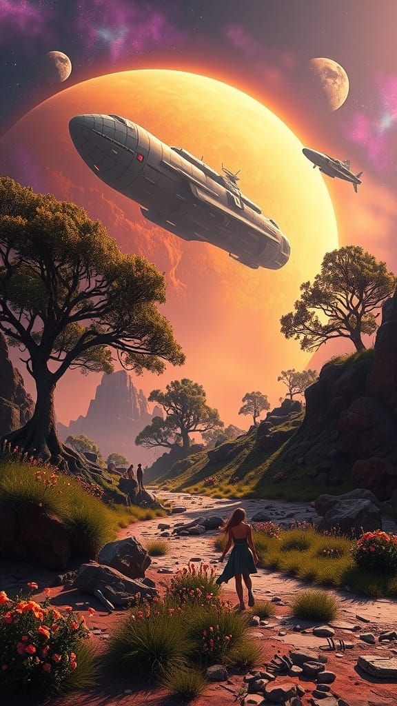 Terraformed Mars with Spaceship in Fantasy Style