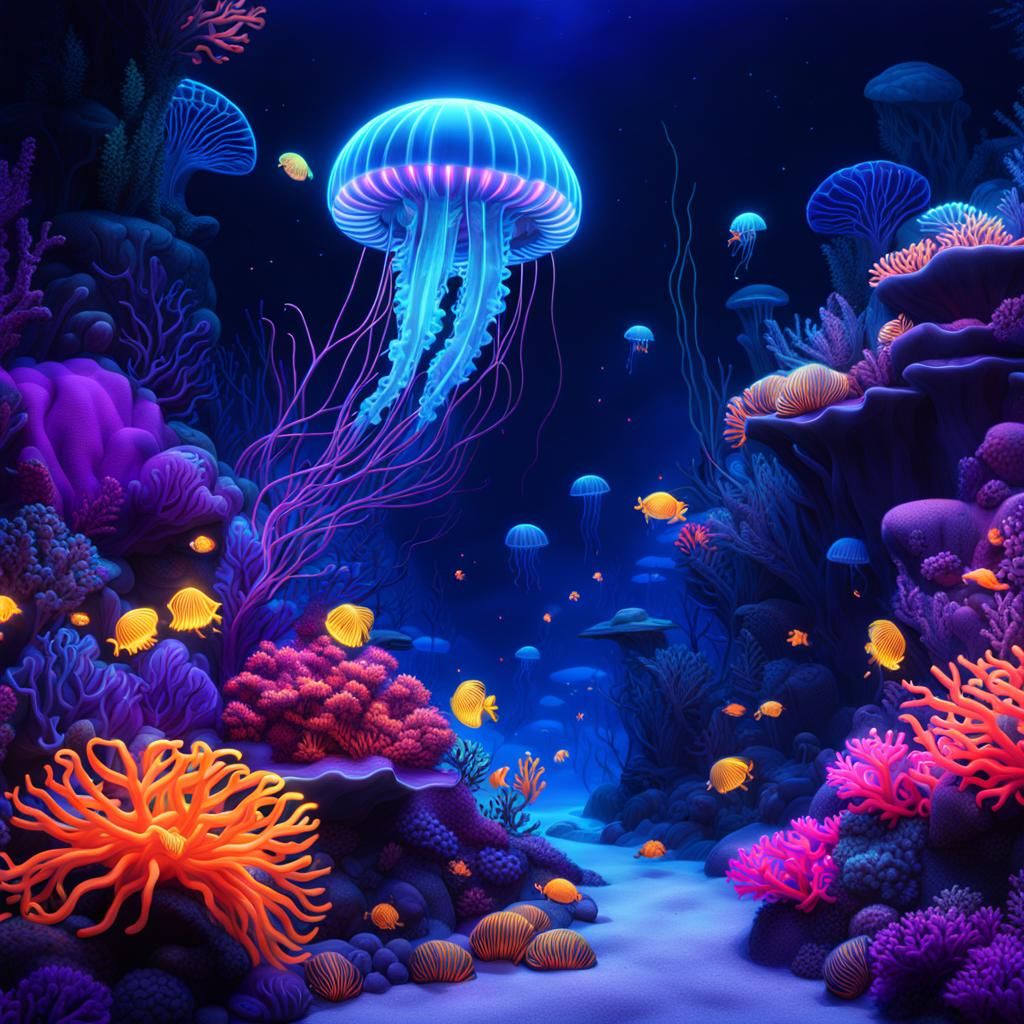 Neon Jellyfish in Black Light Coral Reef
