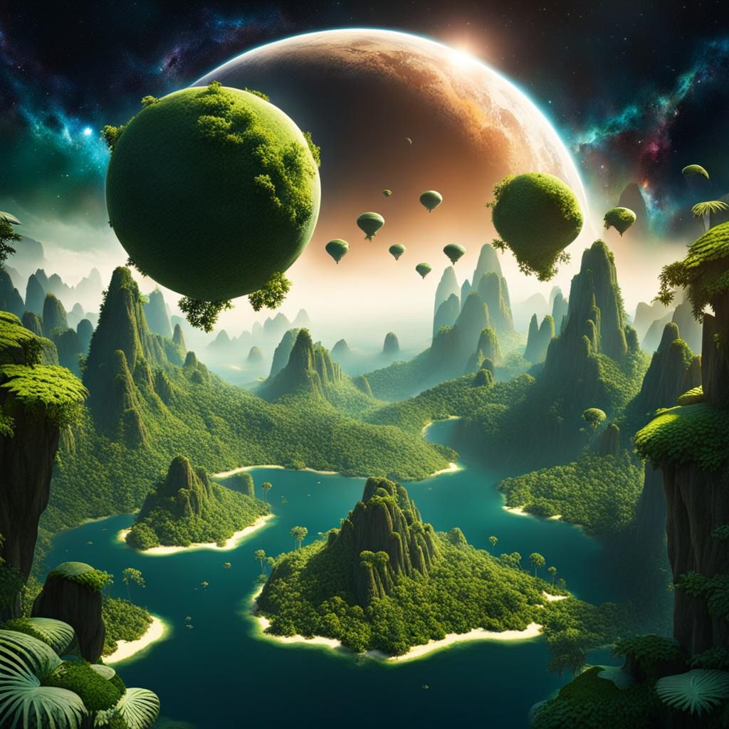 Surreal Floating Jungle Islands in Space