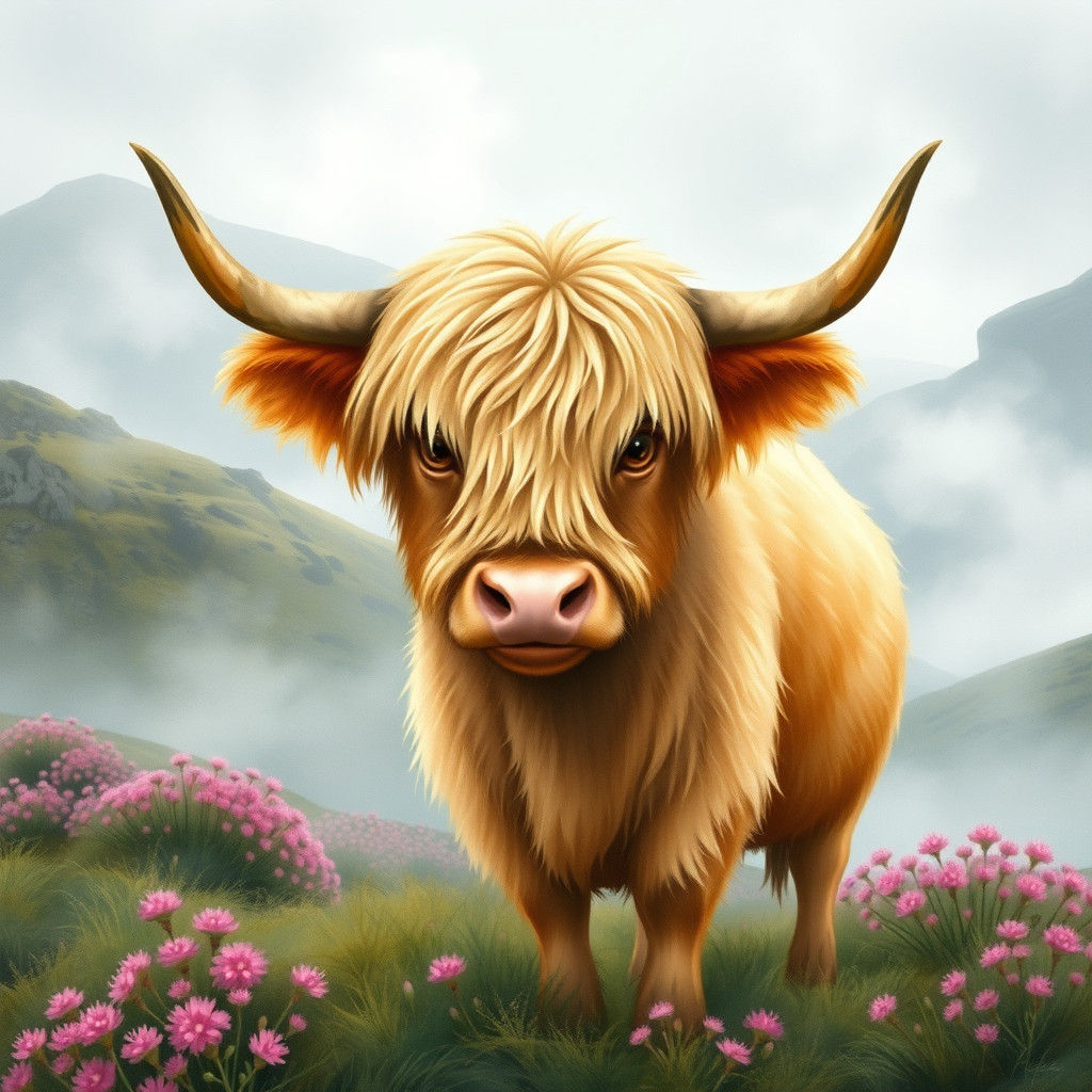 Whimsical Highland Cow in Scottish Landscape