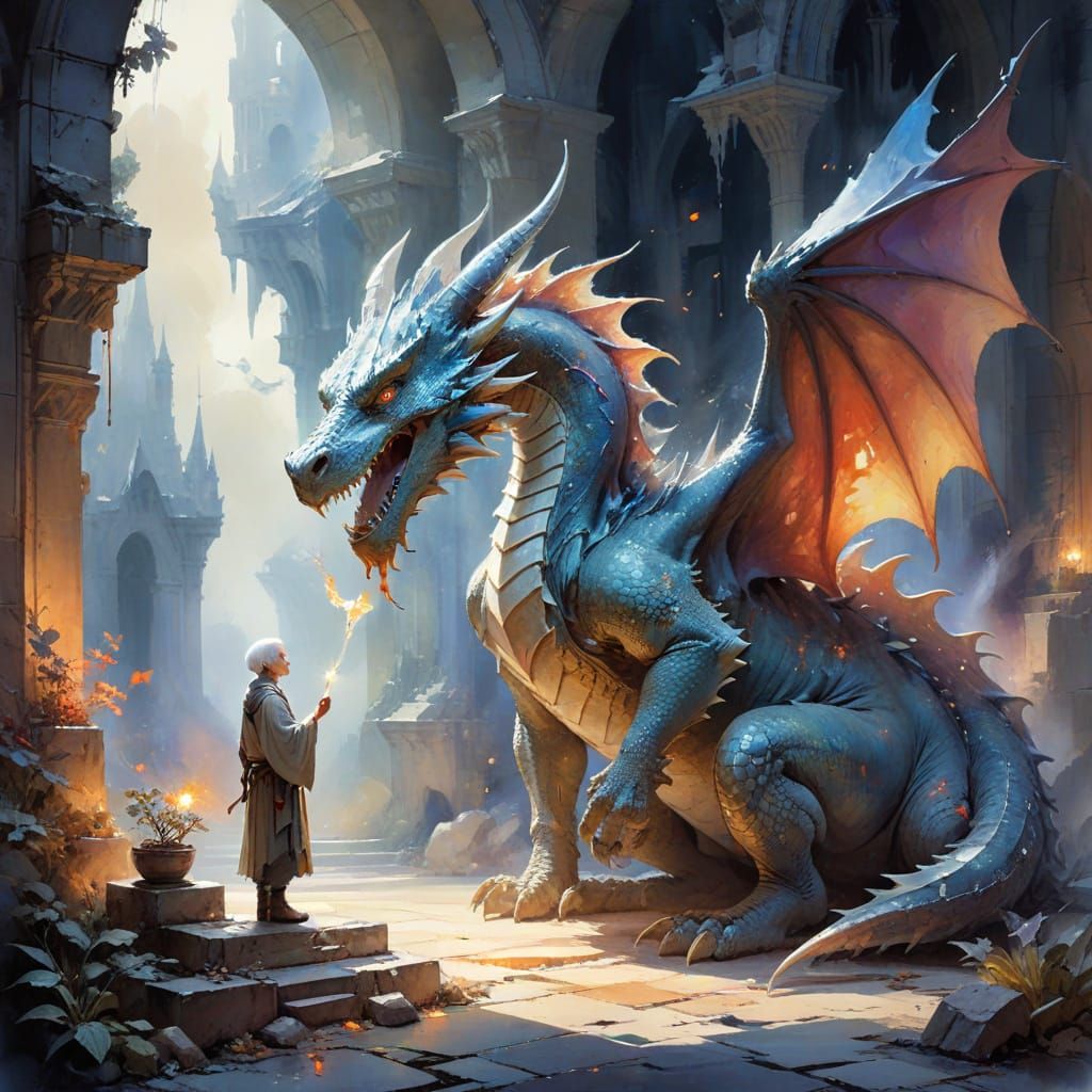 Dragon's Wisdom: A Watercolor Fantasy Scene