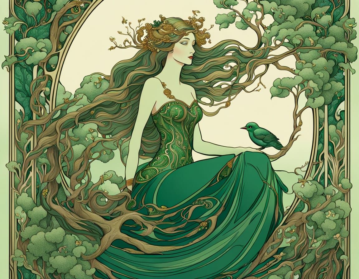 Art Nouveau Mermaid with Magical Bird on Oak Tree