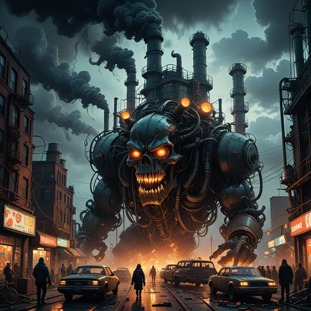 Industrial Plant Monster Devouring People: Surreal Digital A...