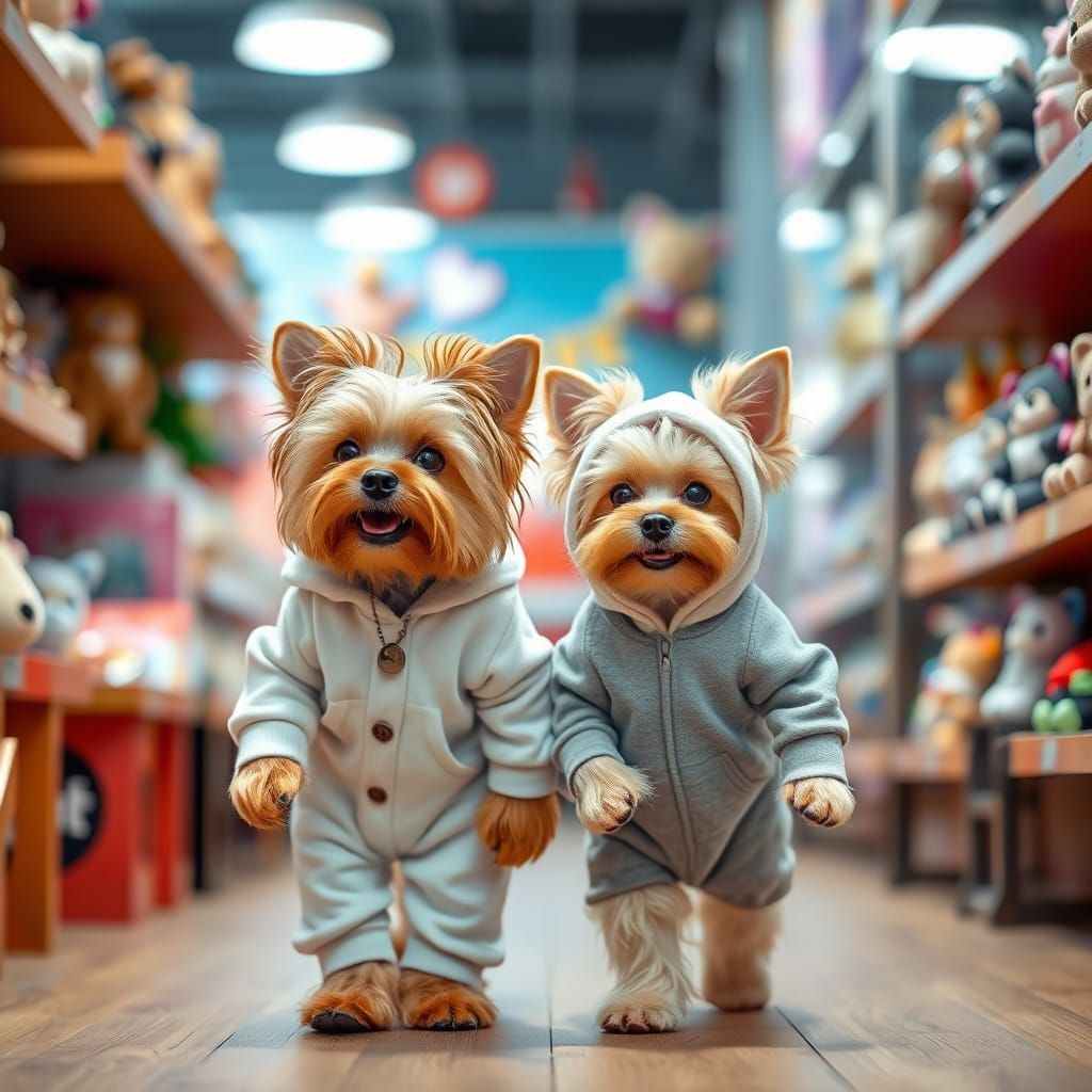 Yorkies Play in Cozy Toy Shop