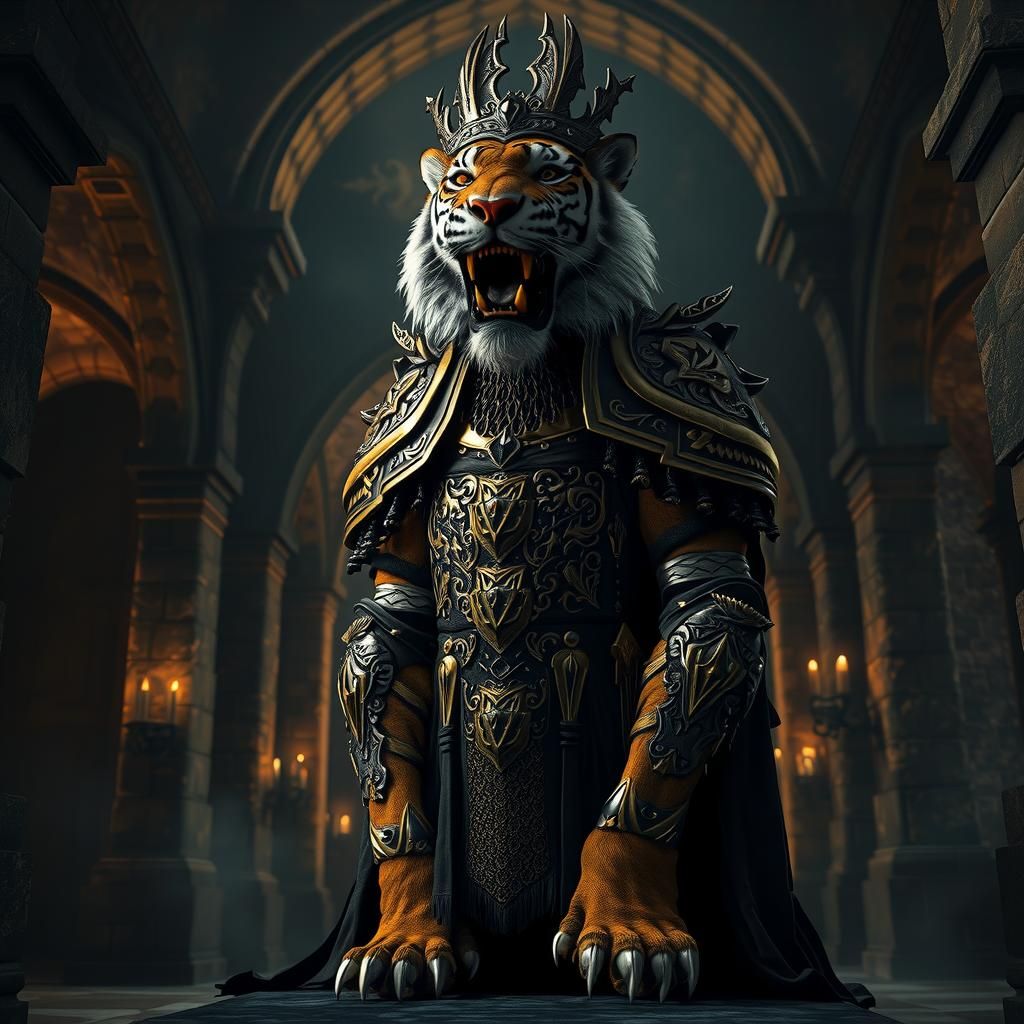 Tiger as Night King in Dark Gothic Interior