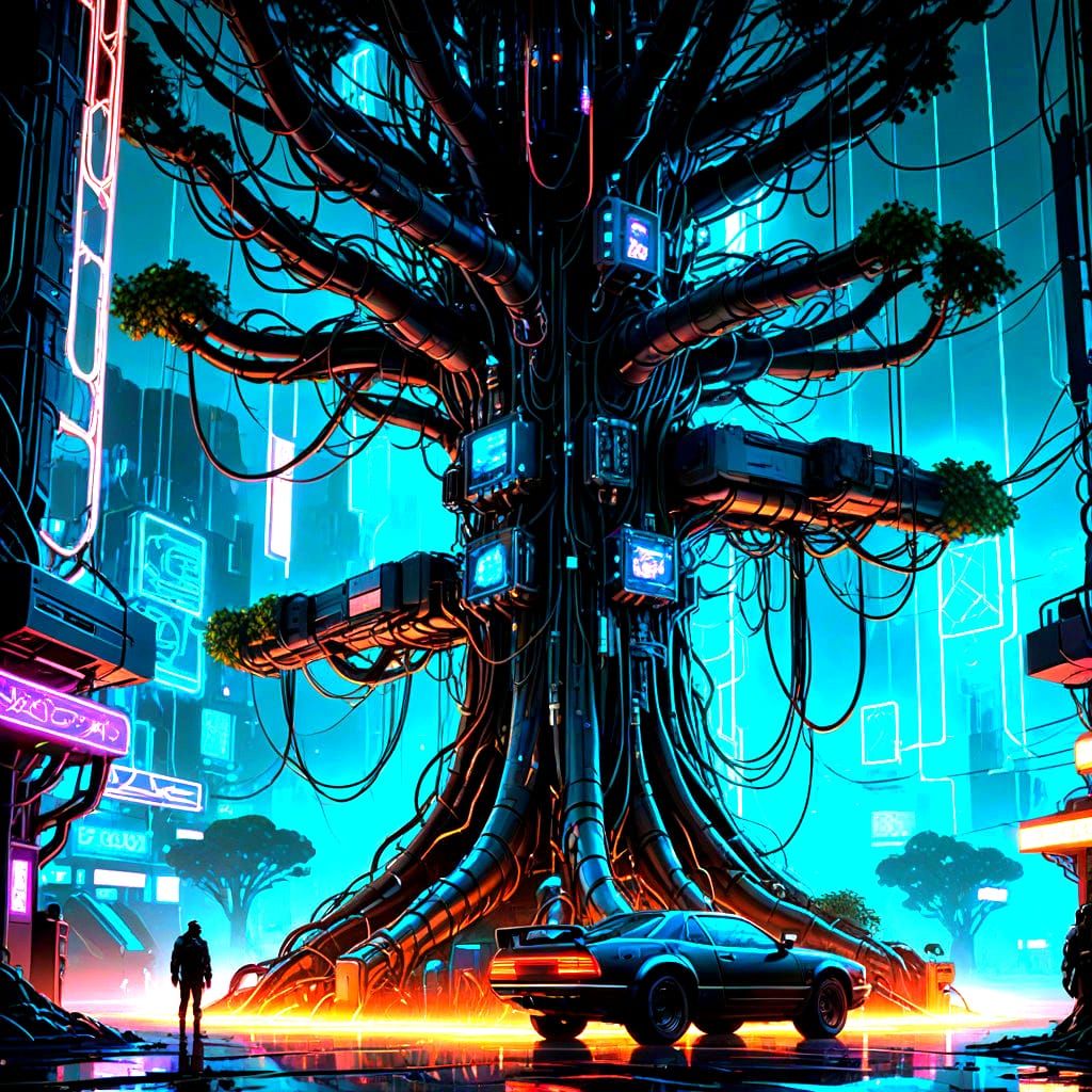 Glowing Cyberpunk Tree Dominates Futuristic Landscape